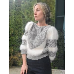 Vintage Canadian Hand Made Silver Knit White Angora  Sweater 80s Sz S